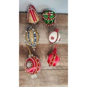 8 Vtg Christmas Handmade Ornaments Pish Pin Satin Bead Sequin Jeweled Holiday